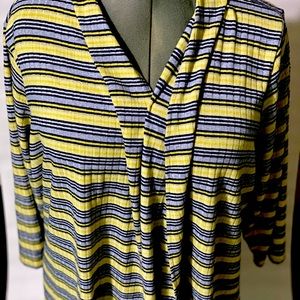 Metallic yellow and blue sweater top.